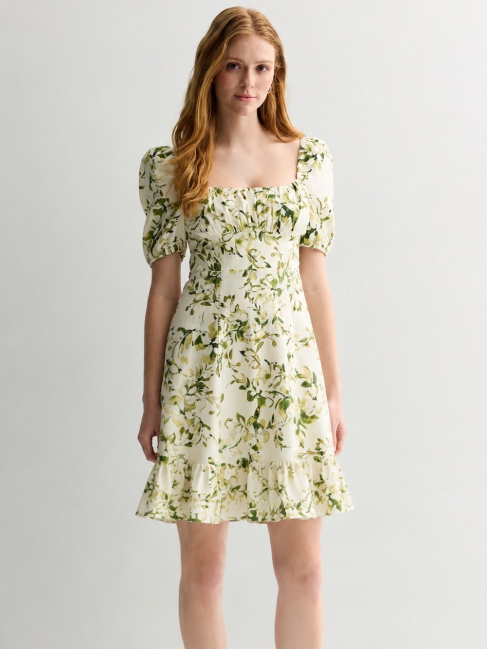 London Times Cream Floral Puff-Sleeve Square-Neck Dress